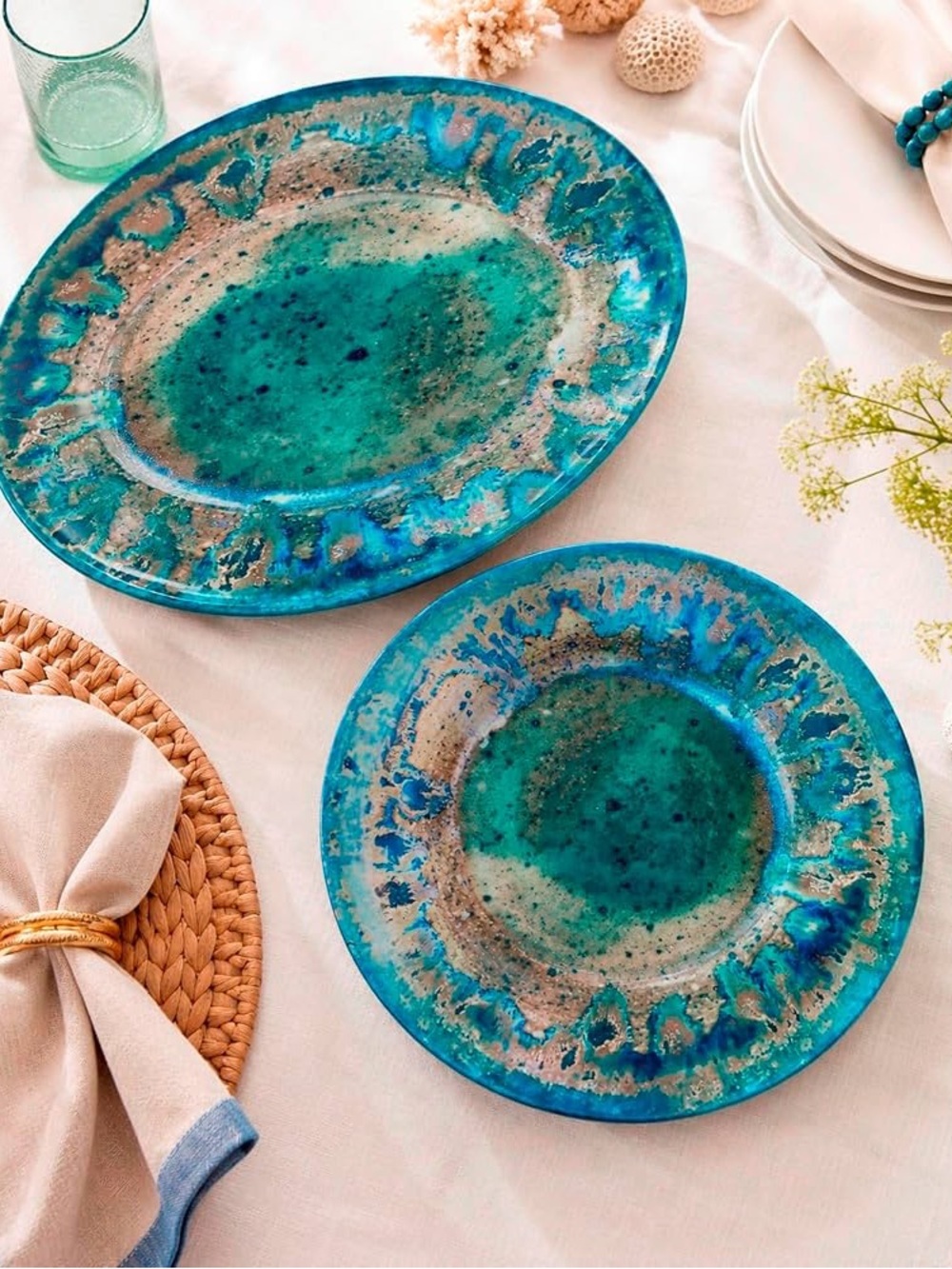 Radiance Teal 2pc Melamine Platter Set –14" Round & 18"x13.5" Oval Serving Trays